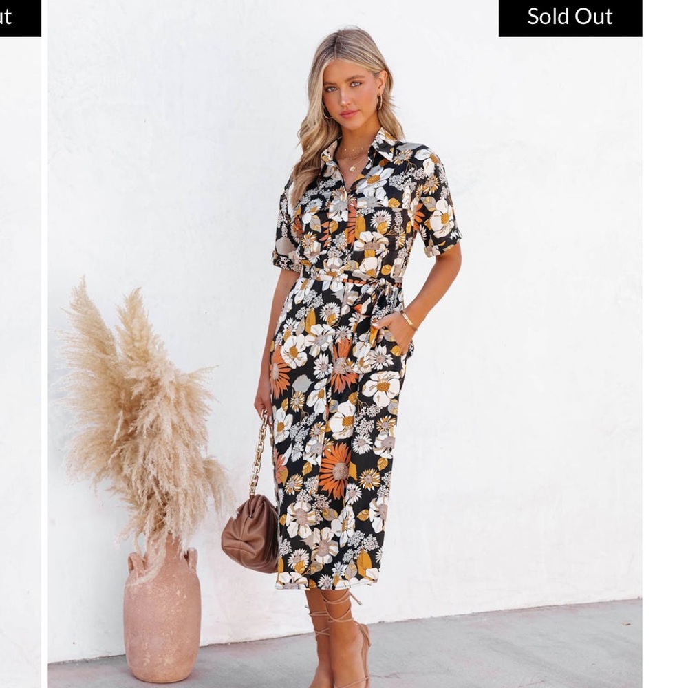 NAURA POCKETED SATIN BUTTON DOWN MIDI DRESS - BLACK FLORAL - VICI COLLECTION